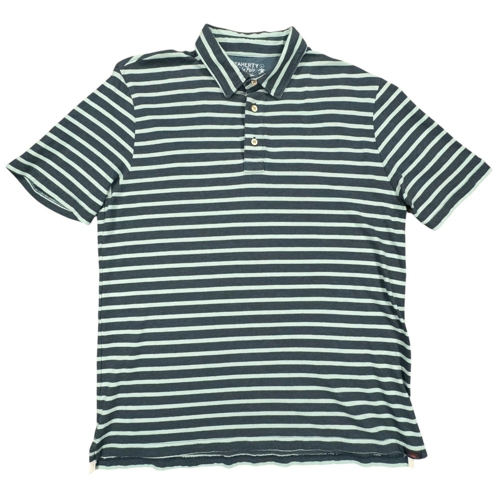 Faherty Isle Polo Shirt Mens L Blue Mint Green Striped Cotton Knit Short Sleeve